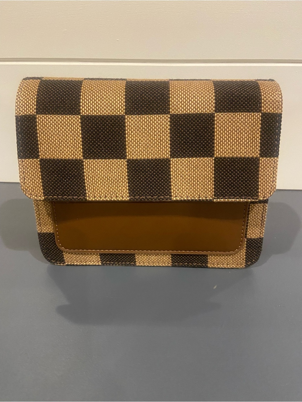Woven Checkered Crossbody Bag in Brown & Tan